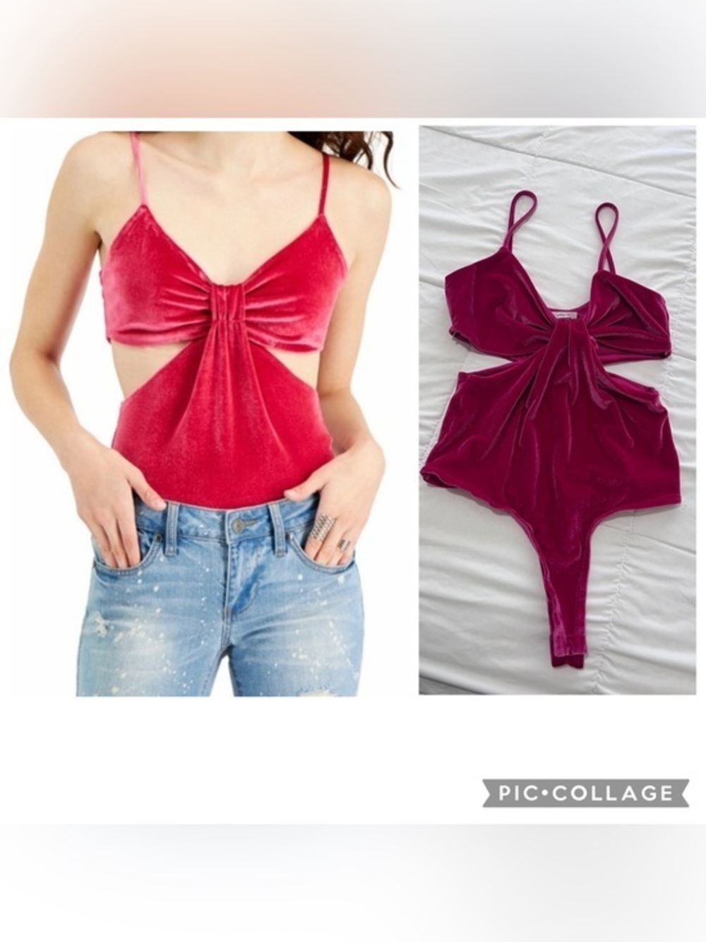 Just Polly Velvet Tie-Front Cutout Bodysuit Pink top size M